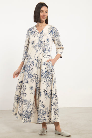 Nina Cotton Ivory Blue Dress