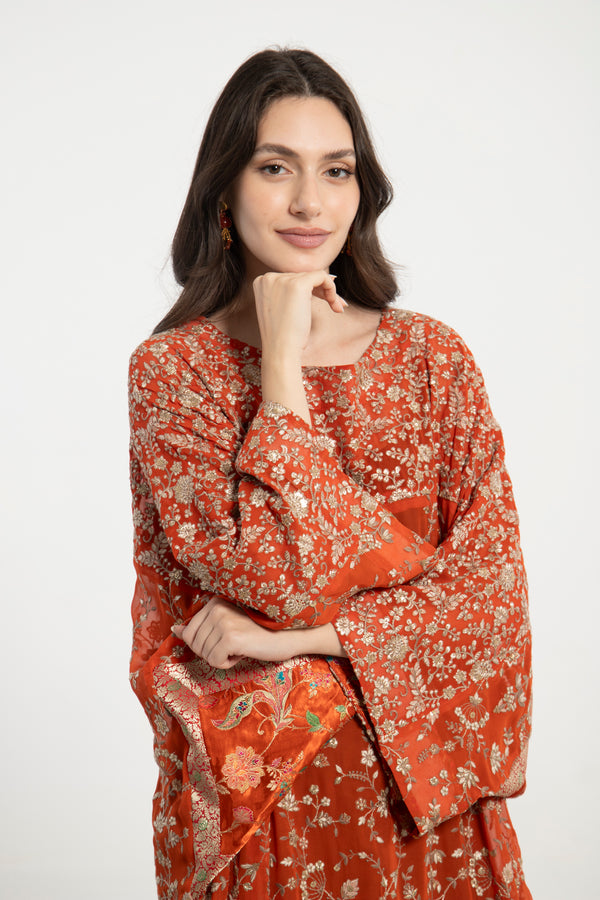 Rawda Georgette Silk Terracotta Embroidered Dress