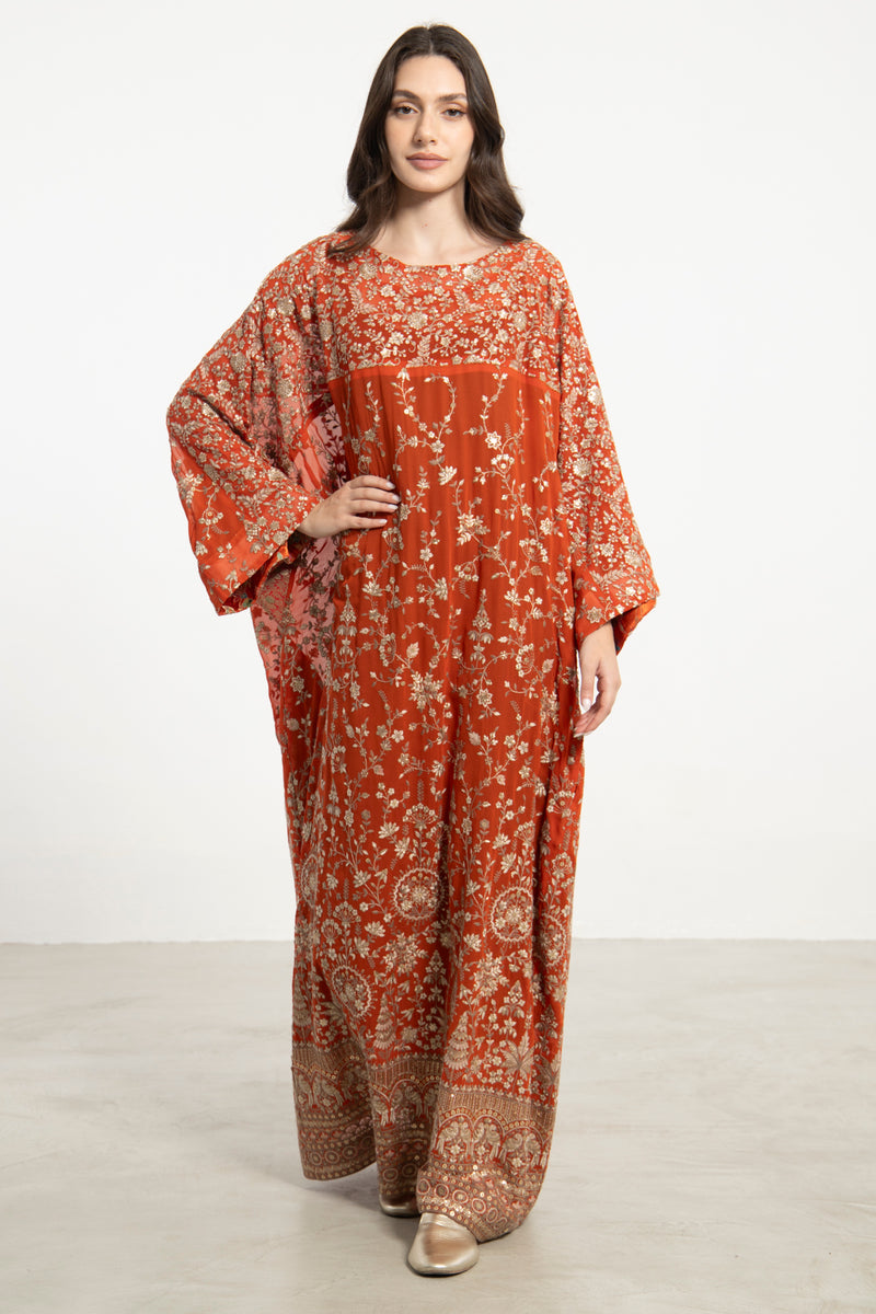 Rawda Georgette Silk Terracotta Embroidered Dress