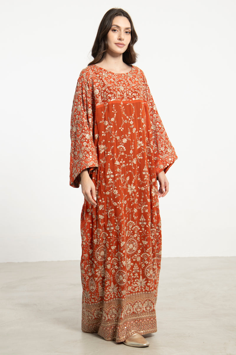 Rawda Georgette Silk Terracotta Embroidered Dress