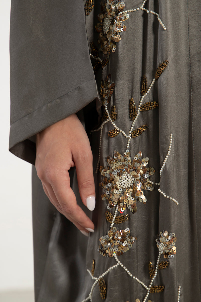 Rajwa Silk Grey Hand Embroidered Abaya