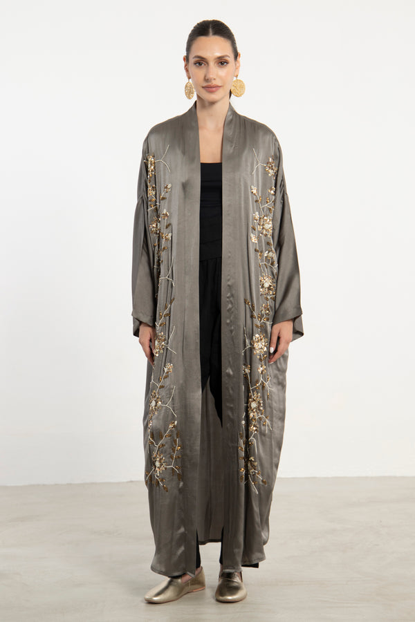 Rajwa Silk Grey Hand Embroidered Abaya
