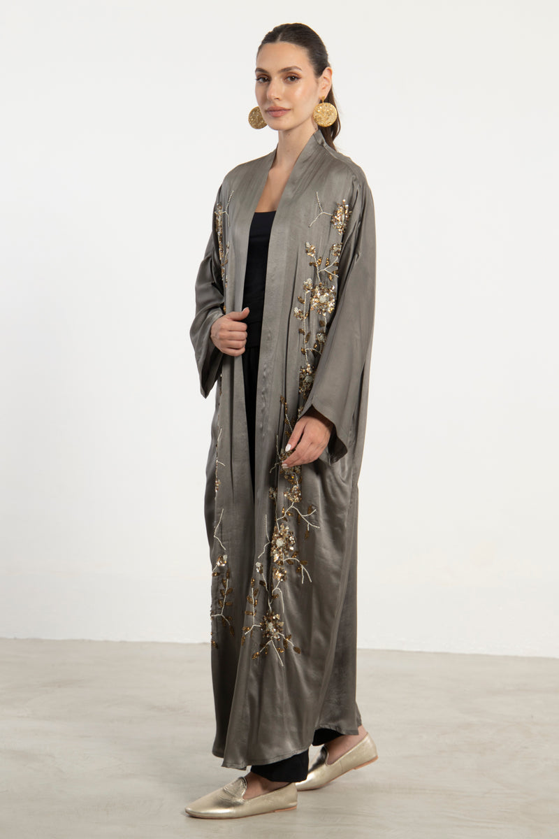 Rajwa Silk Grey Hand Embroidered Abaya