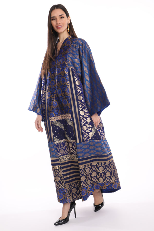 Chouf Silk Brocade Patchwork Blue Dress