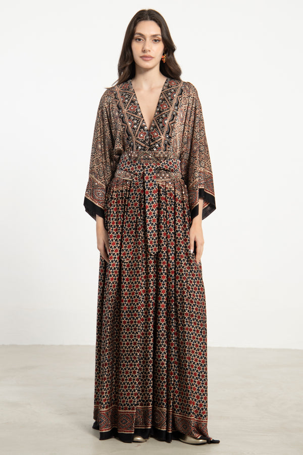 One-Of-a-Kind Sharifa Silk Burgundy & Beige Dress