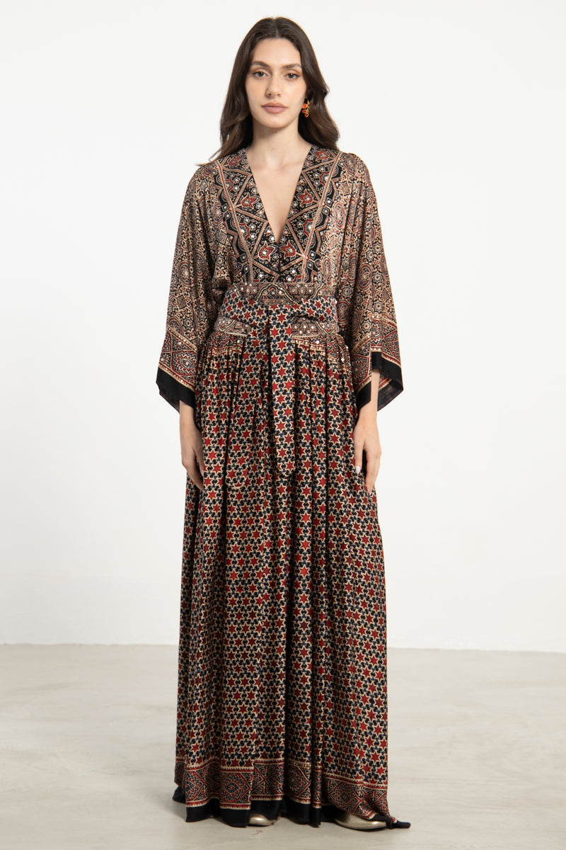 One-Of-a-Kind Sharifa Silk Burgundy & Beige Dress