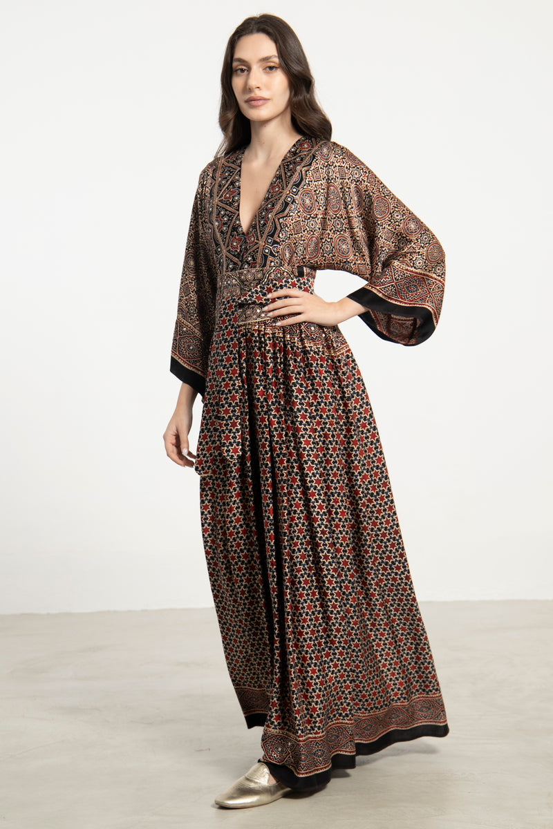 One-Of-a-Kind Sharifa Silk Burgundy & Beige Dress