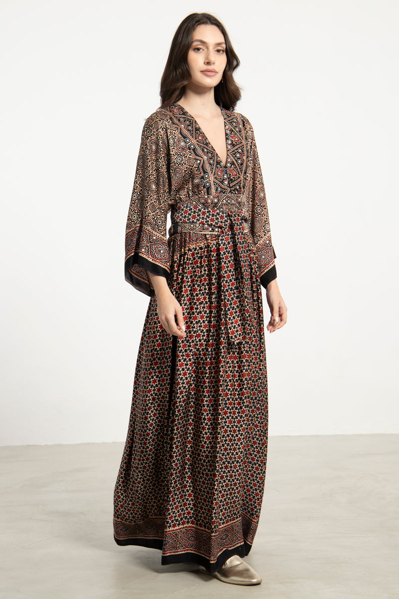 One-Of-a-Kind Sharifa Silk Burgundy & Beige Dress