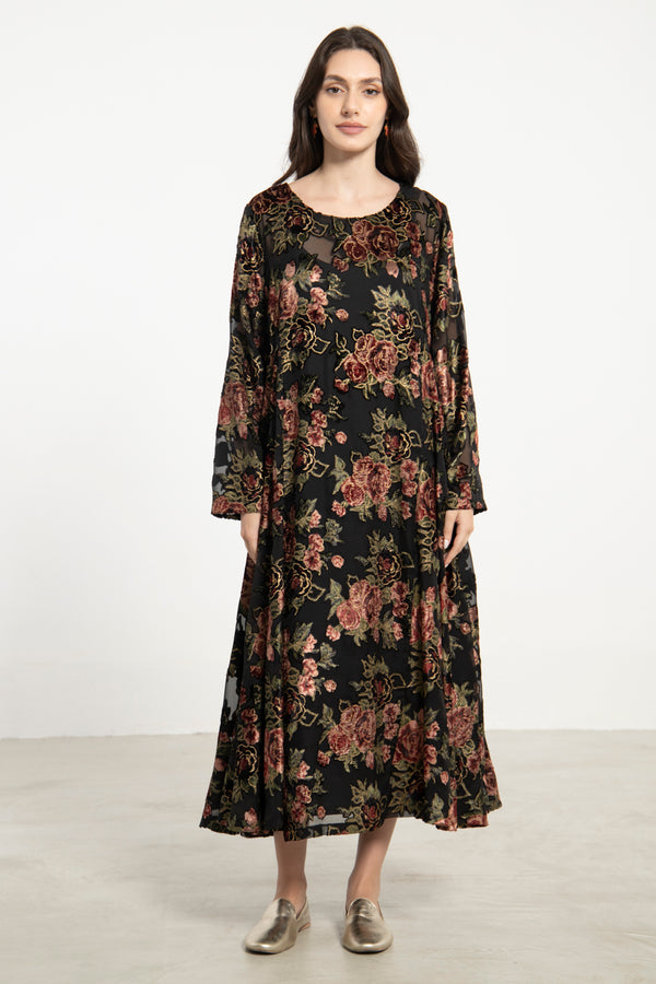 Khayal Silk Velvet Devoré Black Floral Dress