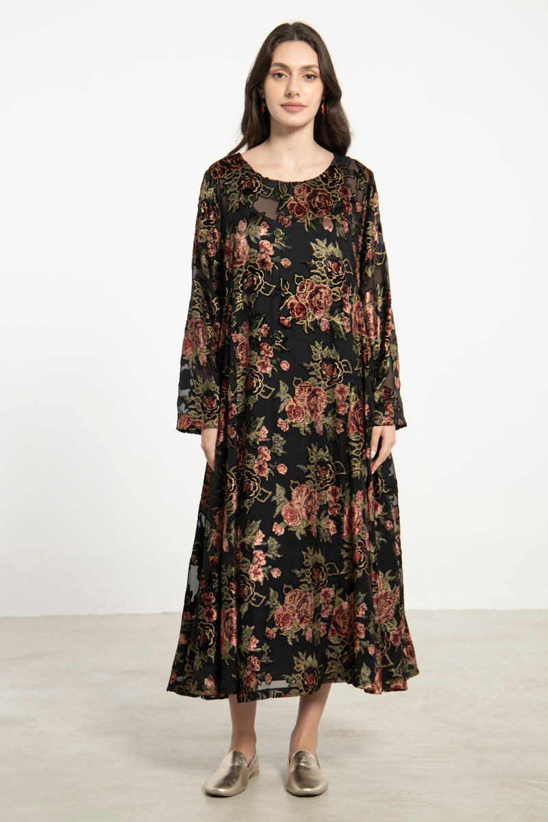 Khayal Silk Velvet Devoré Black Floral Dress