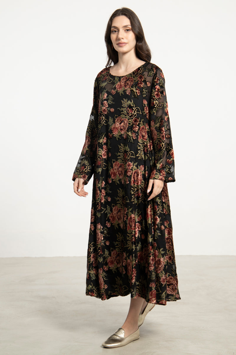 Khayal Silk Velvet Devoré Black Floral Dress