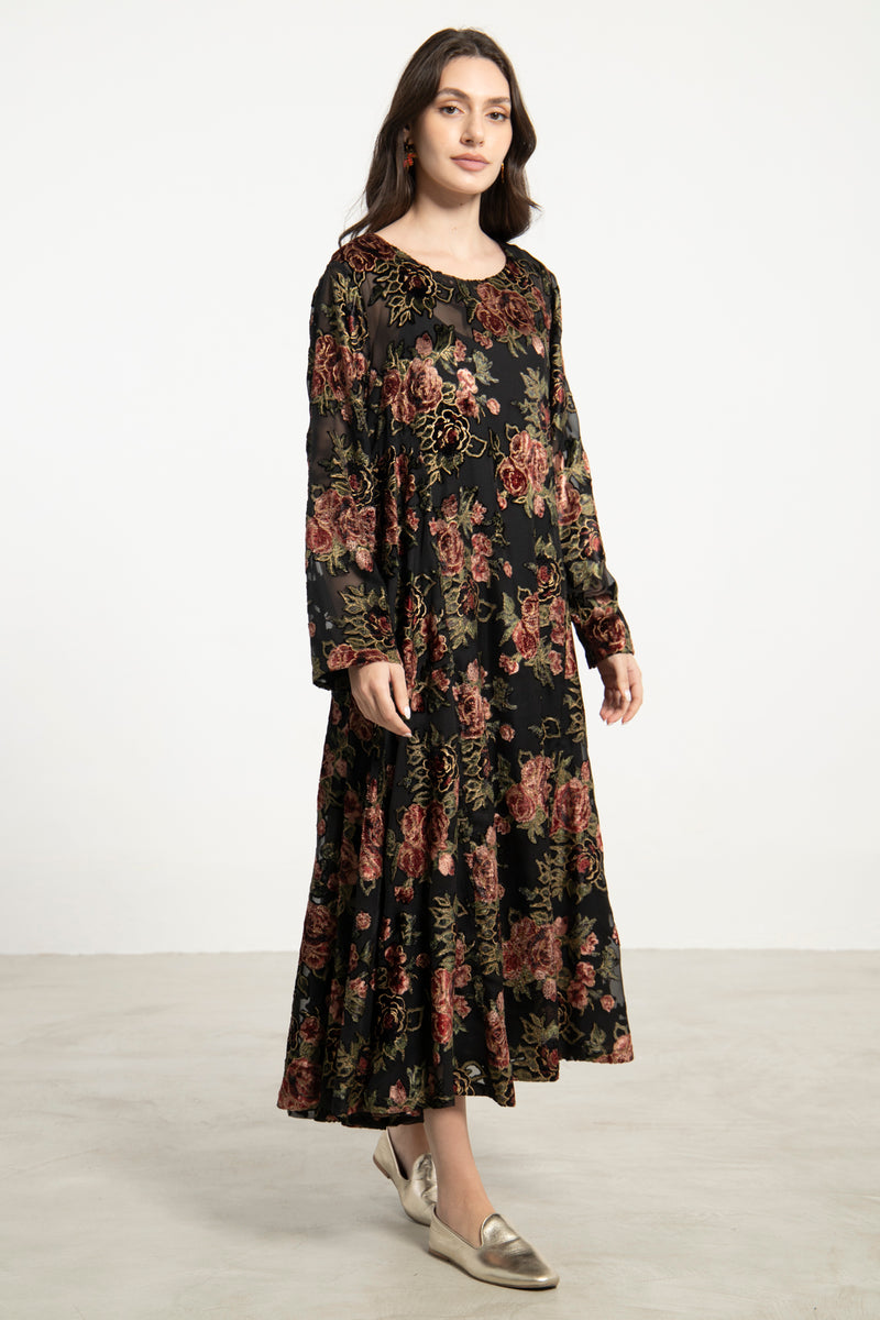 Khayal Silk Velvet Devoré Black Floral Dress