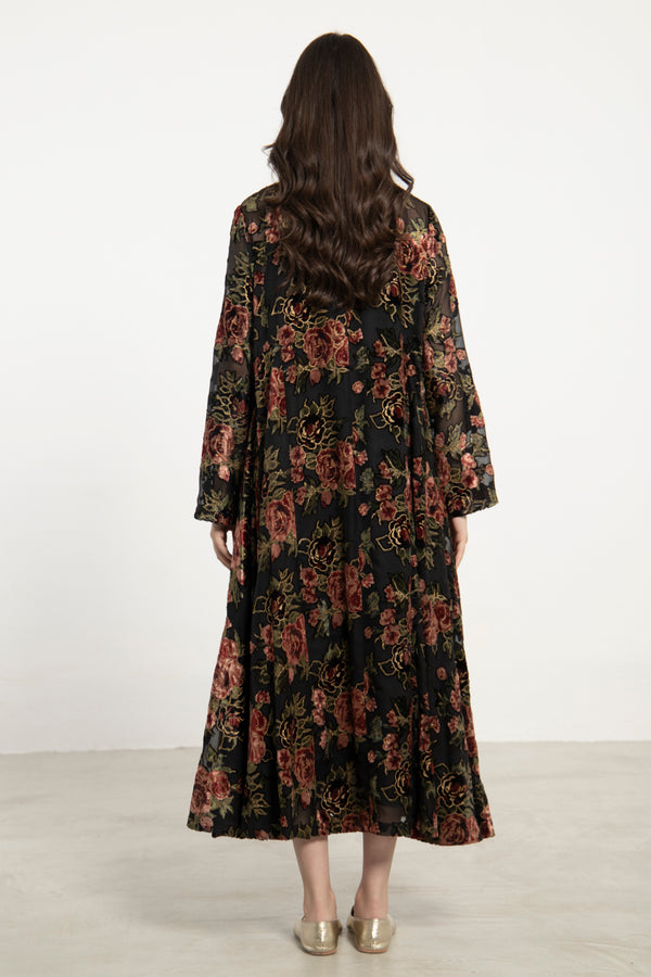 Khayal Silk Velvet Devoré Black Floral Dress
