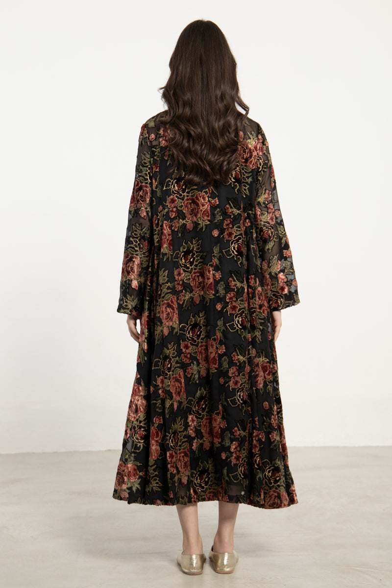 Khayal Silk Velvet Devoré Black Floral Dress