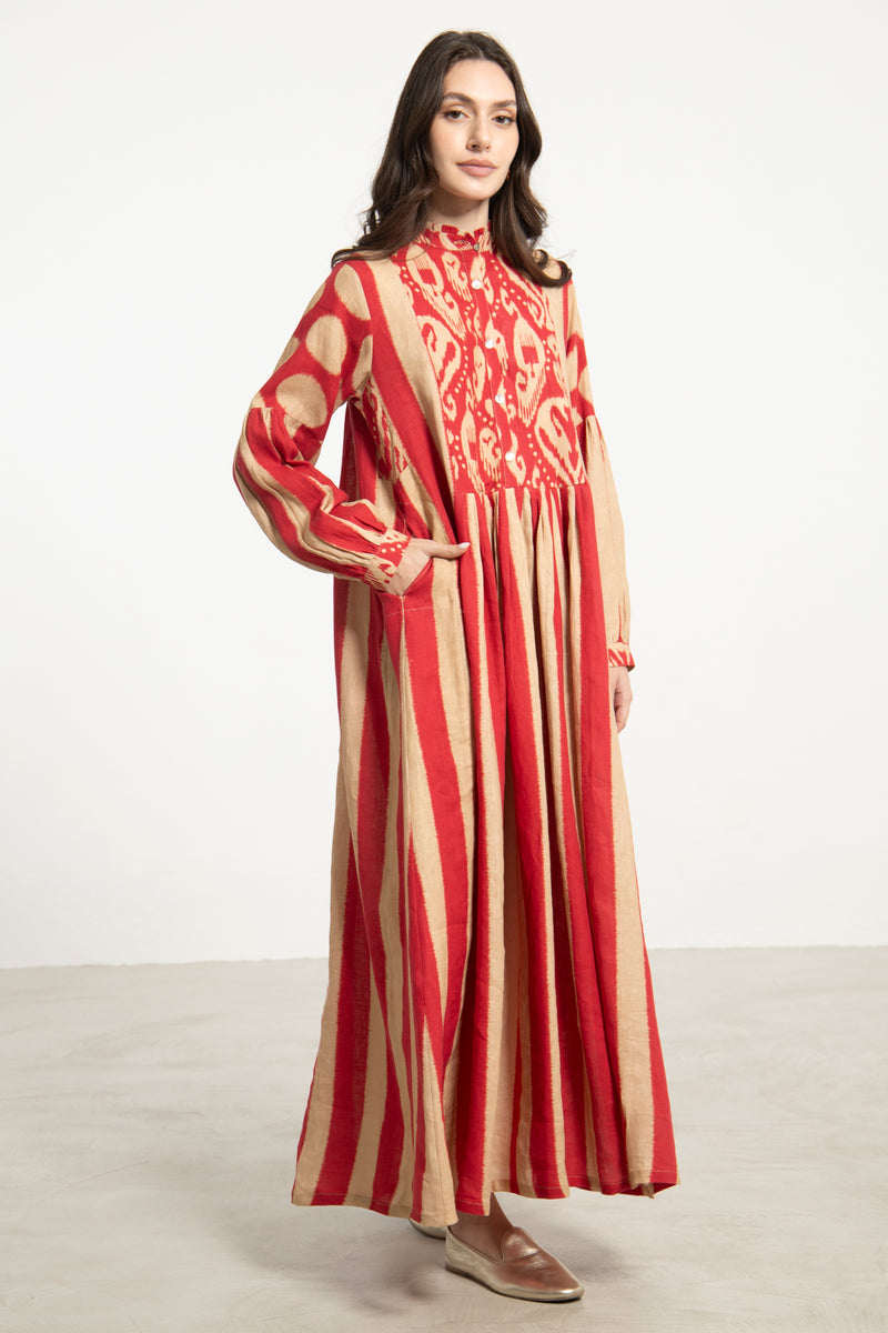 Katia Linen Red & Beige Dress