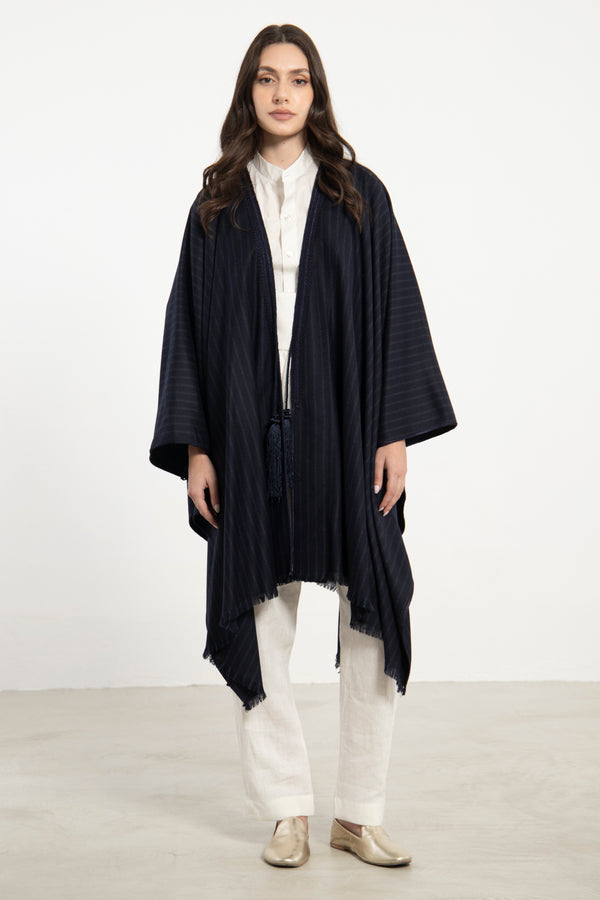 Wool & Cashmere Navy Striped Poncho