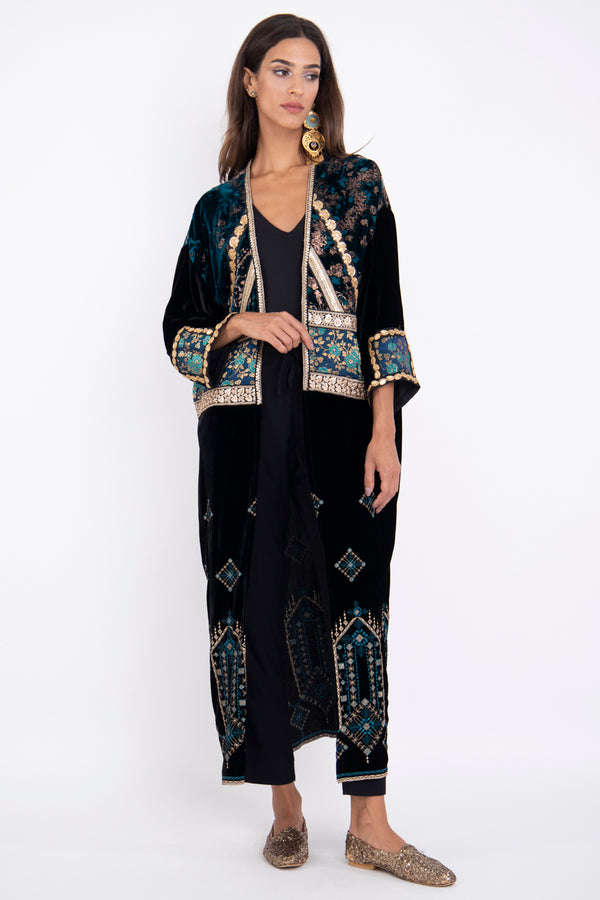 Sahriye Velvet Patchwork Blue Coat