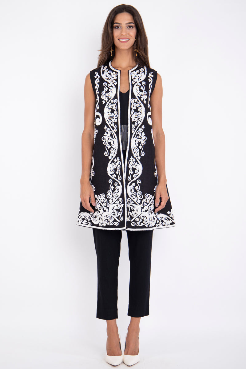 Talia Silk Black With White Embroidered Gilet