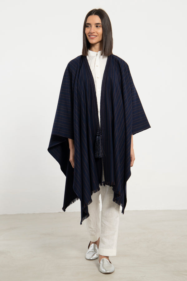 Wool & Cashmere Navy & Brown Striped Poncho – Orient 499