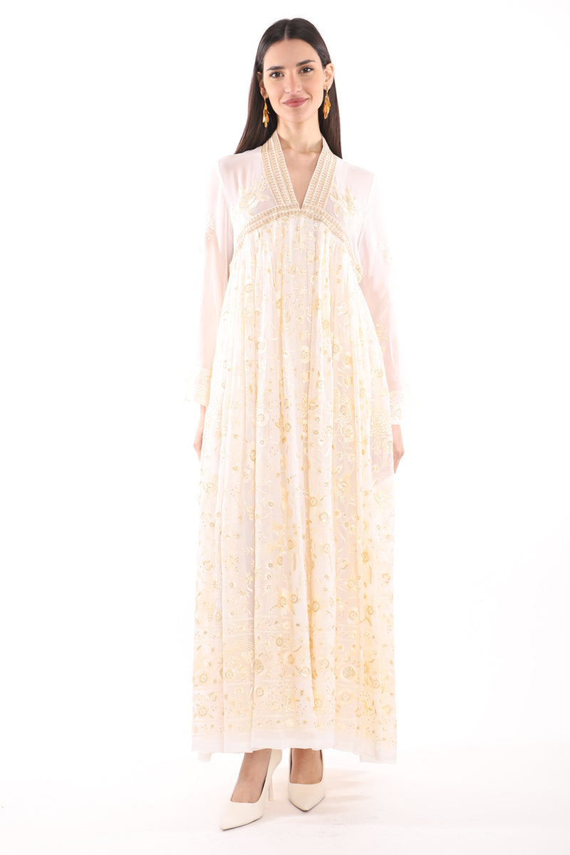 Aliaa Silk Georgette Embroidered White & Gold Dress