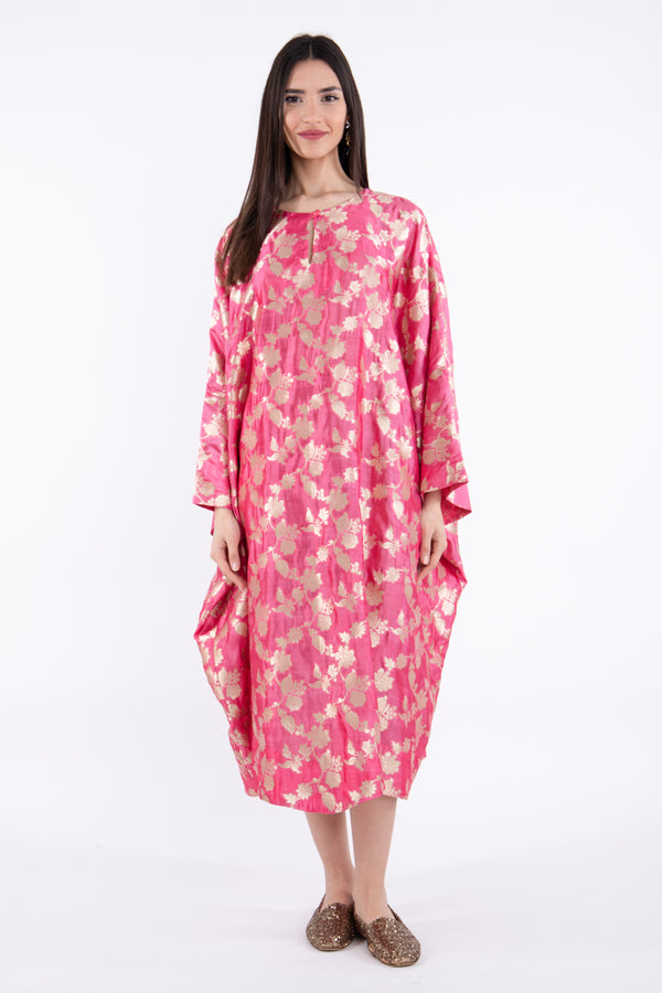 Asmahan Silk Pink & Gold Flowers Dress