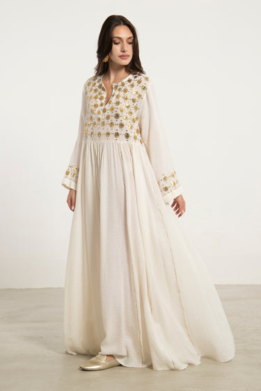 Chams Silk Tareq Embroidered Ivory Dress