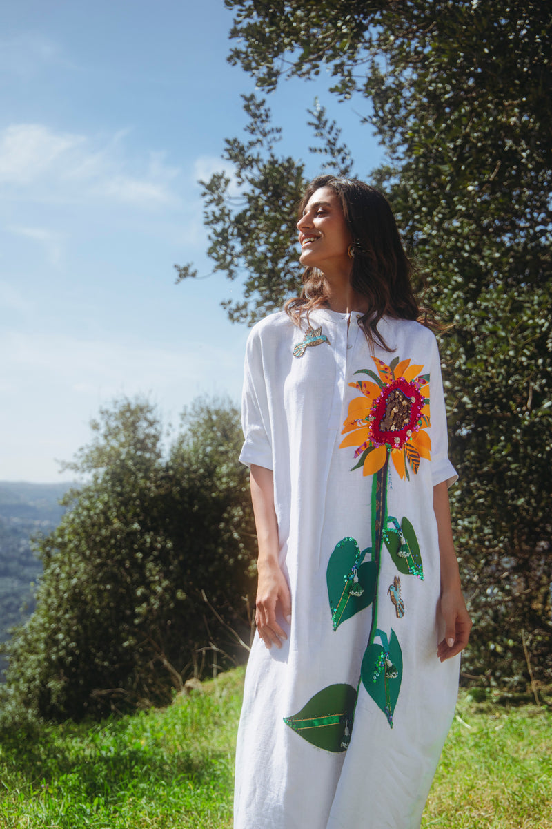 One-Of-A-Kind Helen Linen Sunflower & Bird Dress