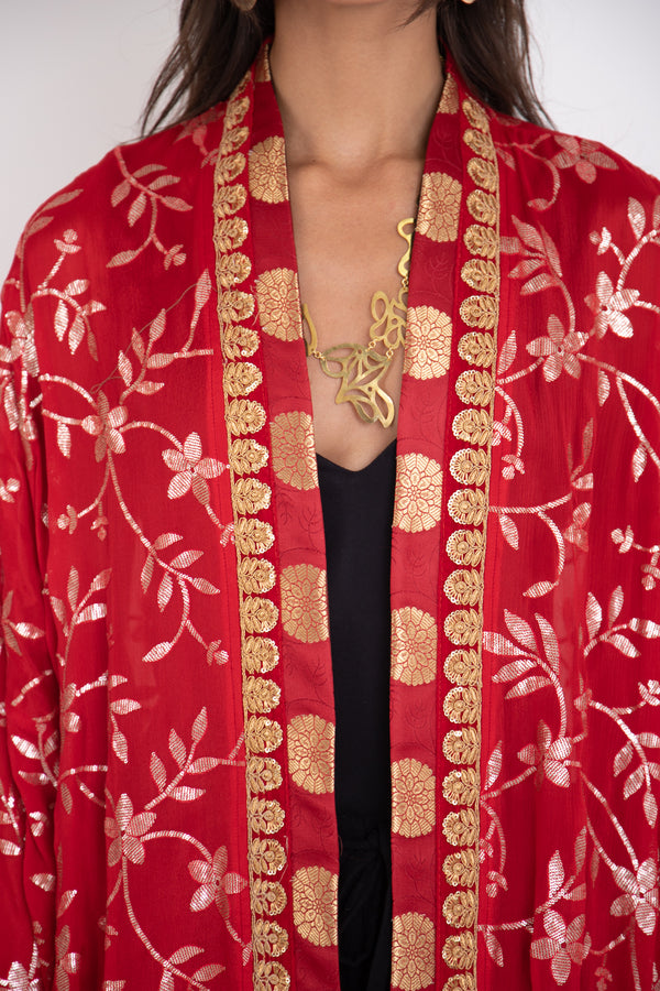 Khalida Chiffon Red With Silver Sequins Embroidery Abaya