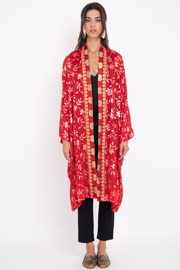 Khalida Chiffon Red With Silver Sequins Embroidery Abaya