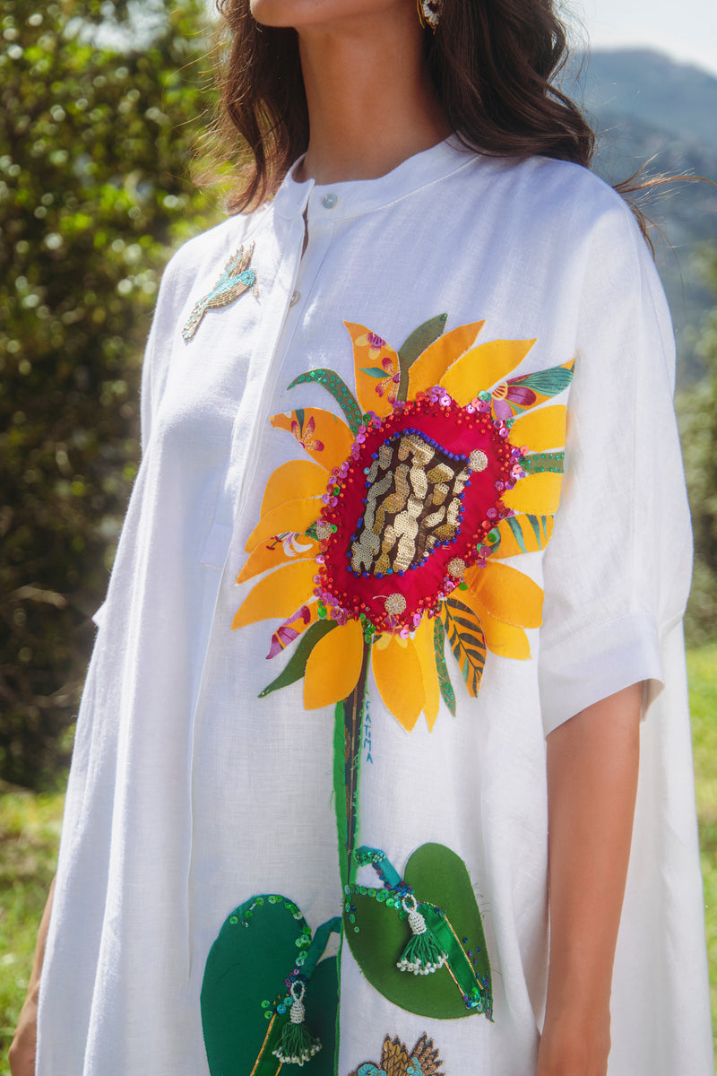 One-Of-A-Kind Helen Linen Sunflower & Bird Dress