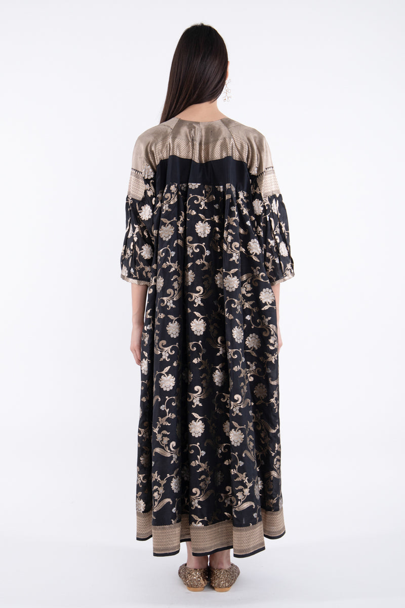 One-Of-A-Kind Rania Silk Black With Gold Flowers Dress