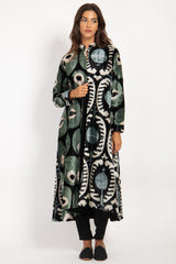 Dima Velvet Ikat Green Coat