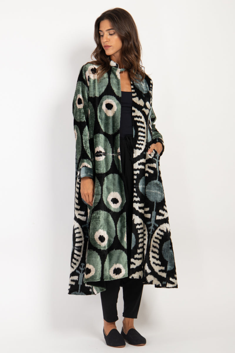 Dima Velvet Ikat Green Coat