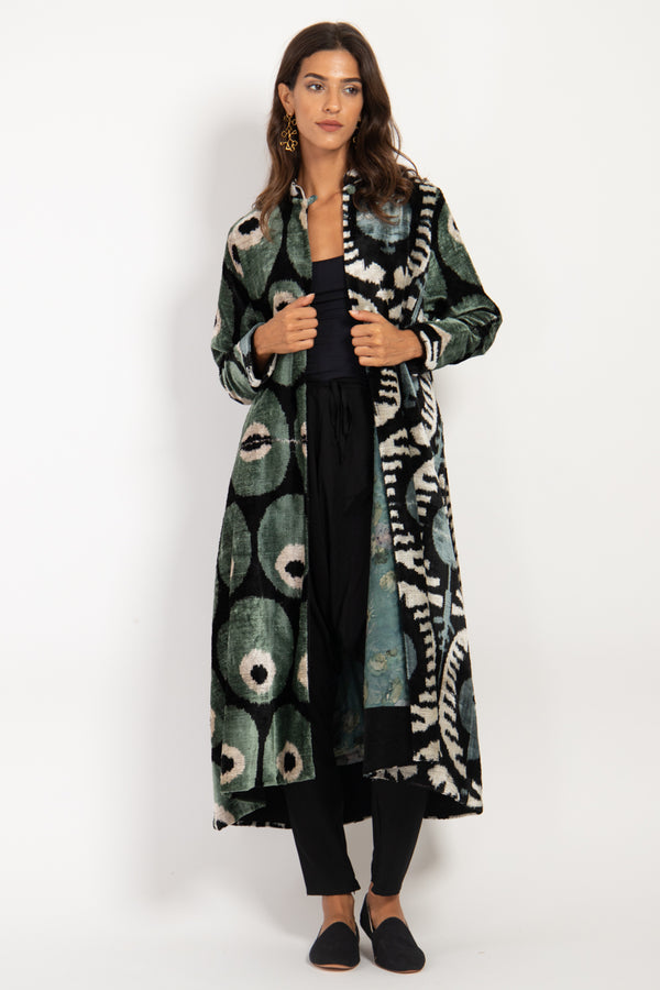 Dima Velvet Ikat Green Coat