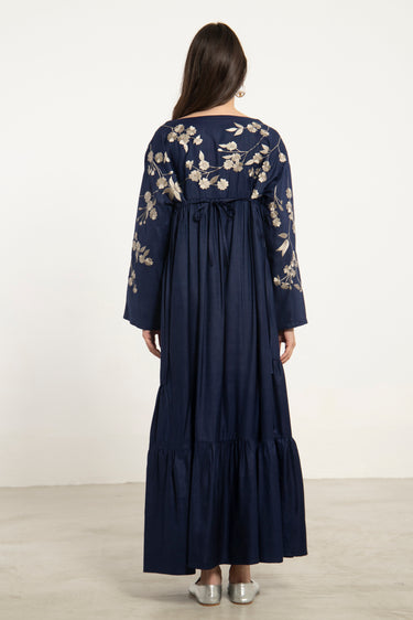 Mahsa Embroidered Silk Navy Dress