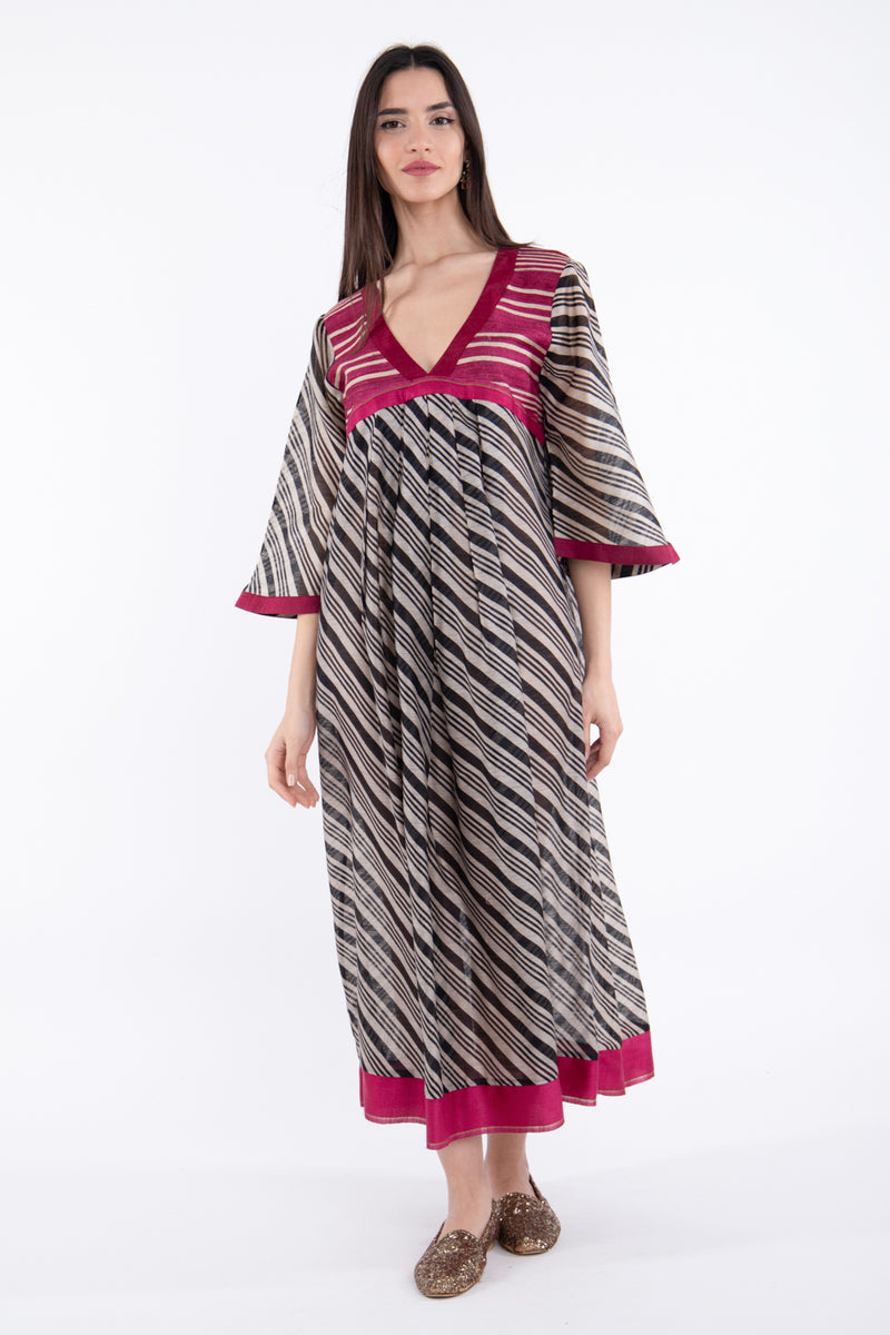 Aida Silk Striped Fuchsia & Grey Dress