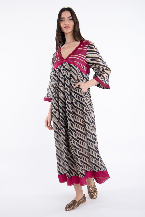 Aida Silk Striped Fuchsia & Grey Dress