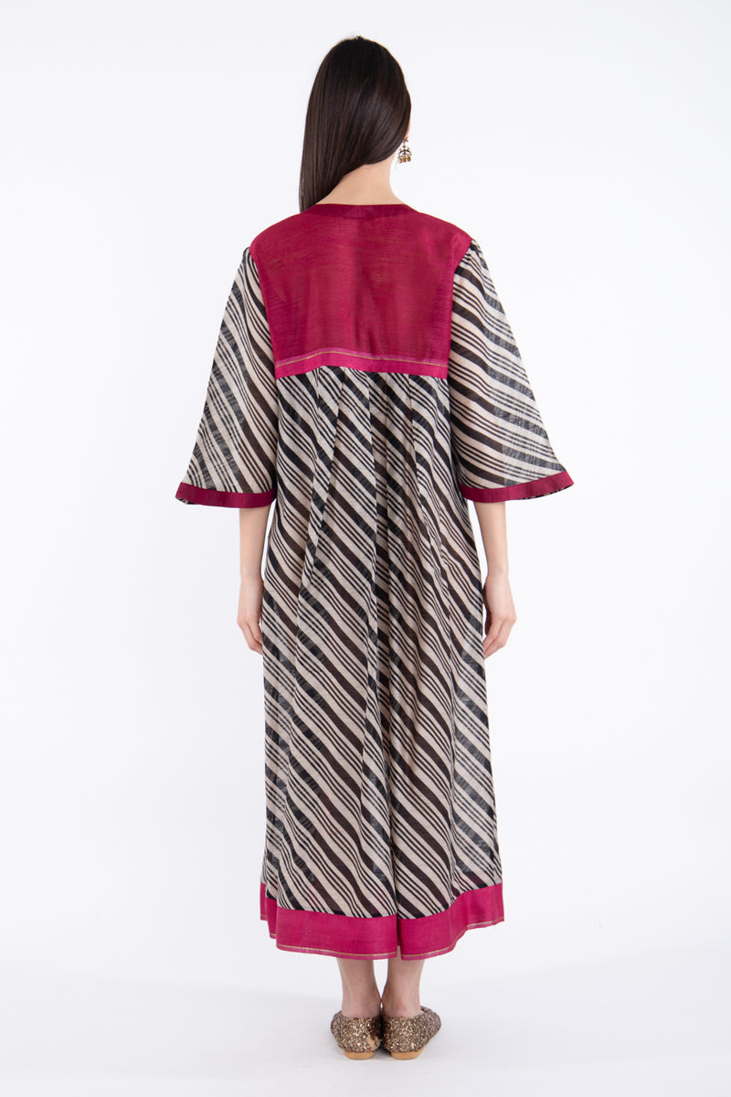 Aida Silk Striped Fuchsia & Grey Dress