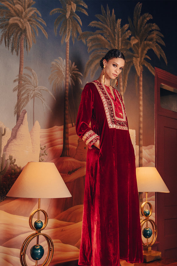 Hanem Velvet Red Embroidered Dress