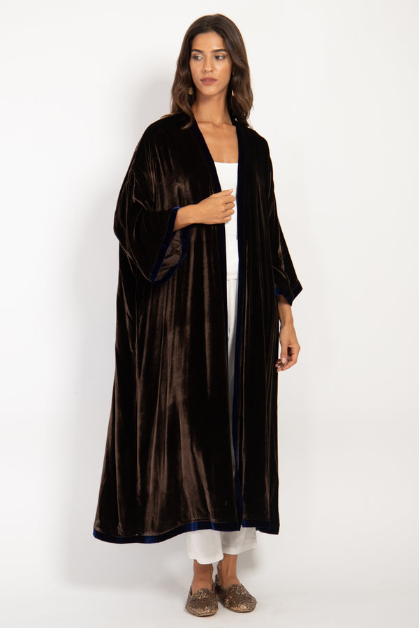 Jamila Silk Velvet Brown & Blue Abaya