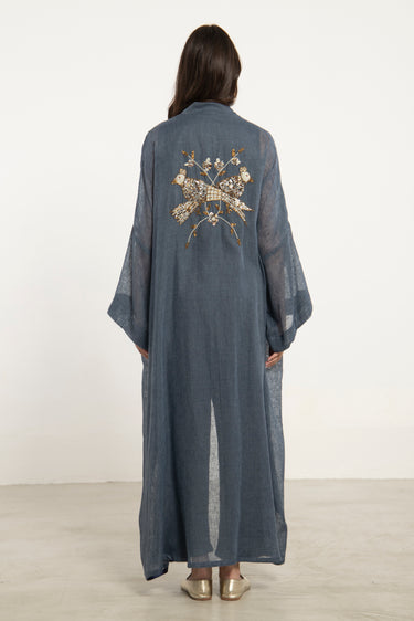 Rajwa Linen Embroidered Blue Abaya