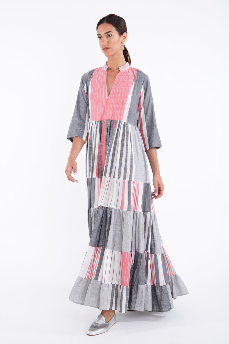 Lila Cotton Striped Pink & Grey Dress