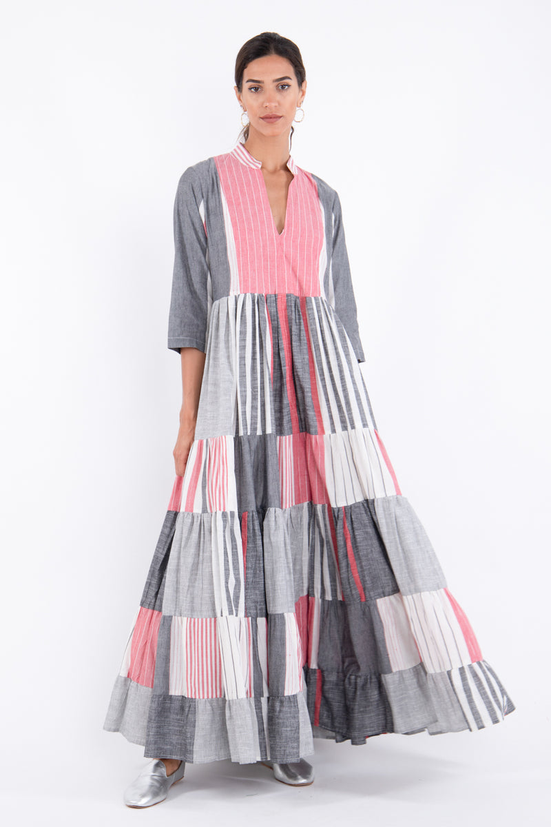 Lila Cotton Striped Pink & Grey Dress