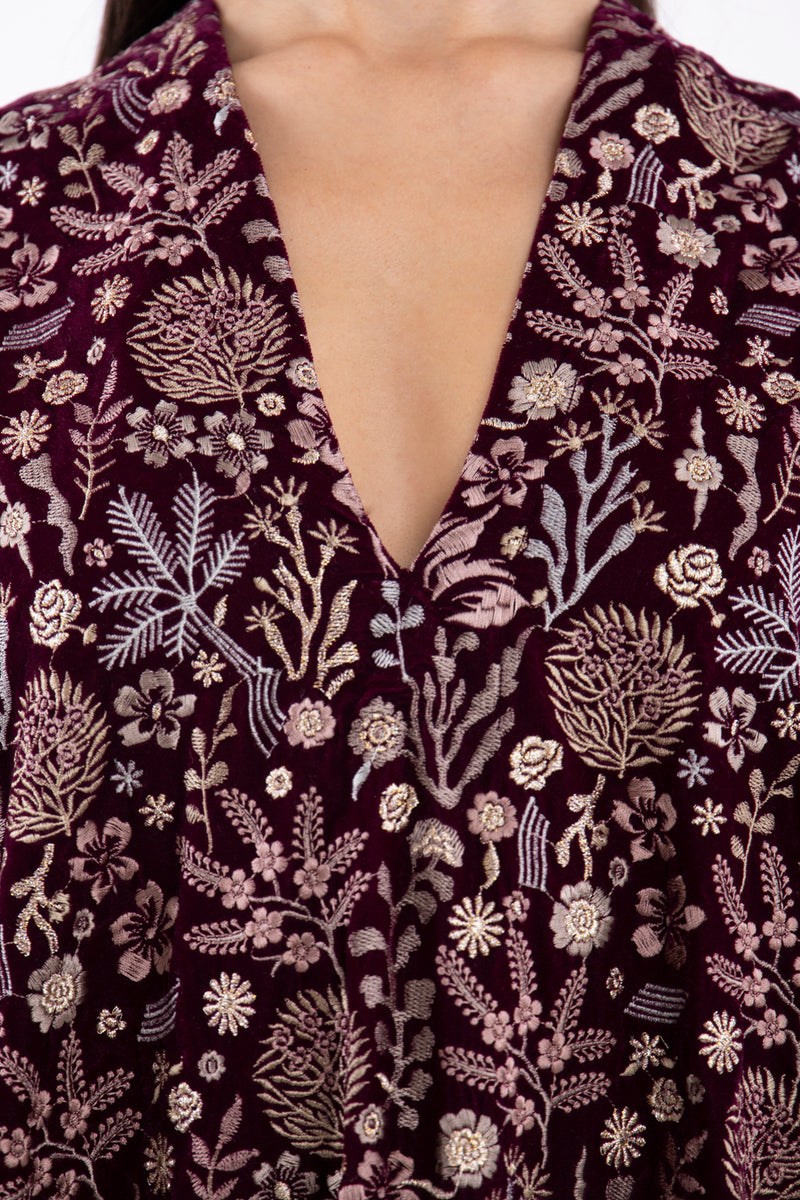 Cartage Velvet Burgundy Embroidered Kaftan