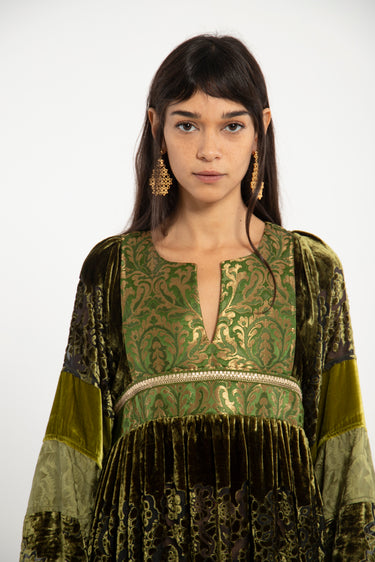 Linda Velvet and Silk Brocade Green Dress