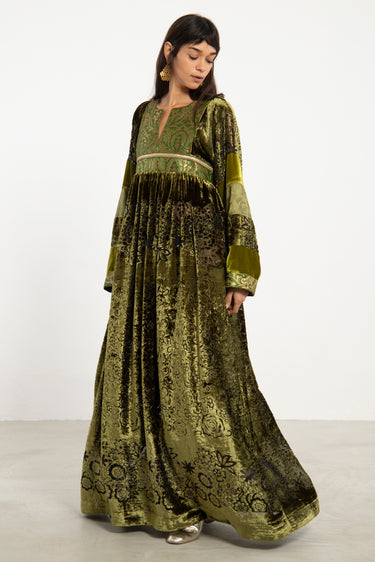 Linda Velvet and Silk Brocade Green Dress