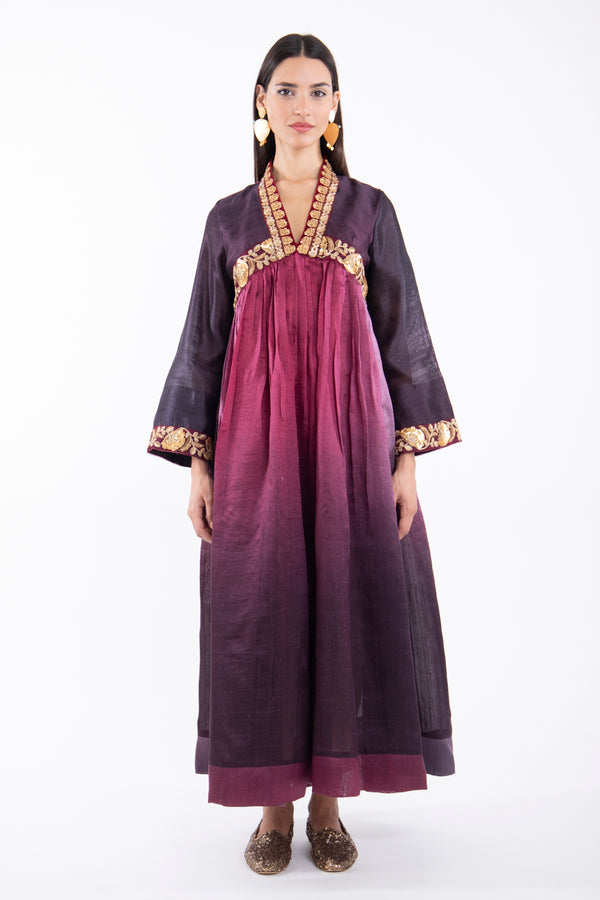 Aliaa Raw Silk Burgundy Ombré Dress