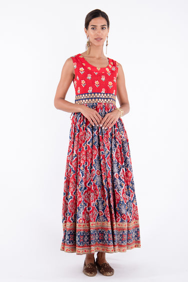 Mahrani Cotton Printed Navy Flowers Dress