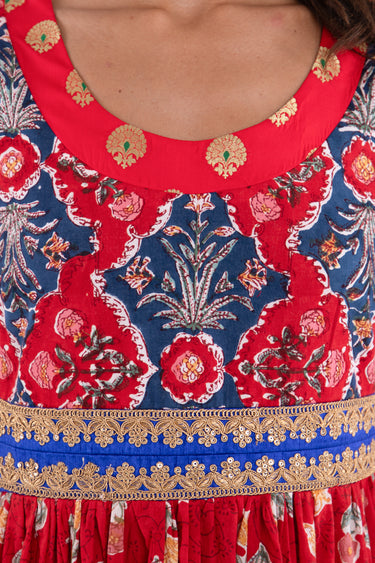 Mahrani Cotton Printed Red Flowers Dress