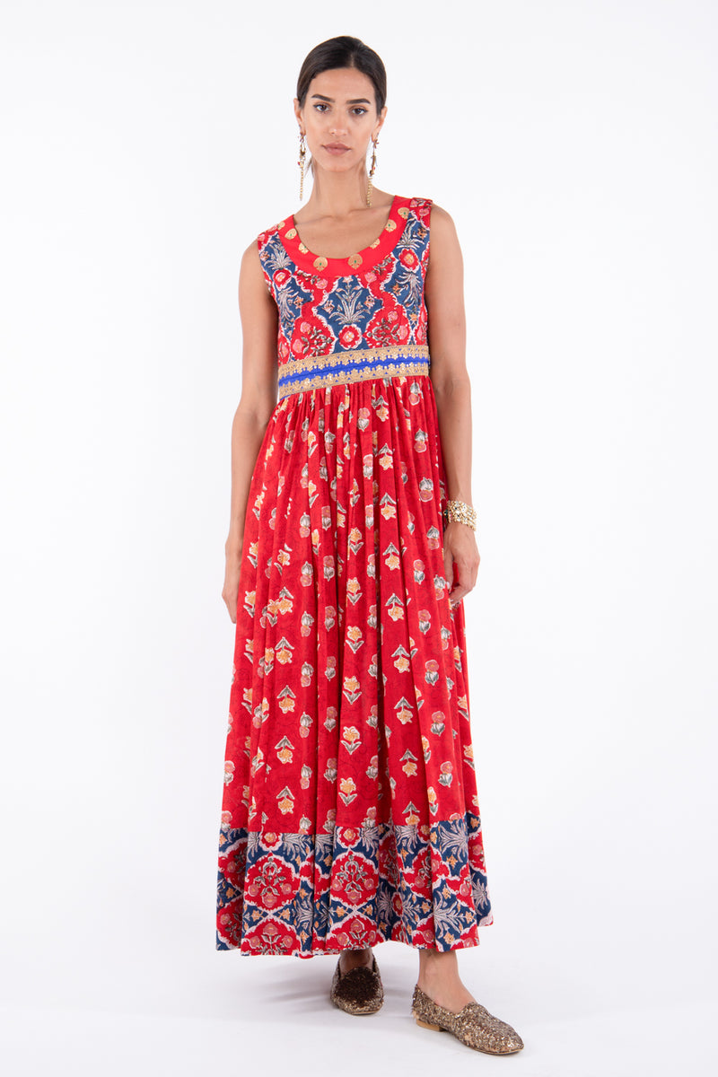 Mahrani Cotton Printed Red Flowers Dress